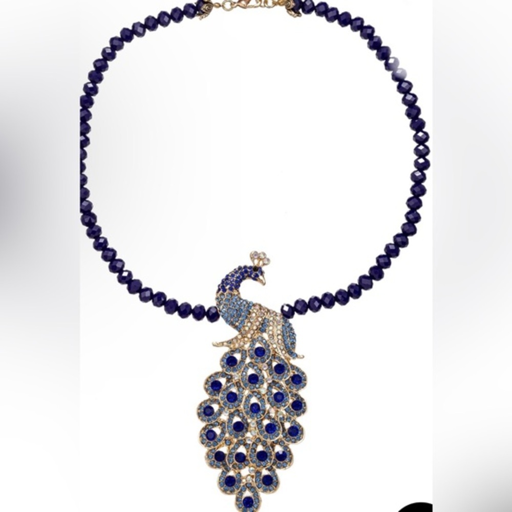 Eyecandy Los Angeles Royal blue beaded blue Peacock pendant statement necklace